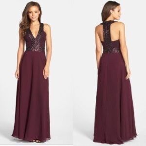 DRESS THE POPULATION Delani Sequin Crepe Gown Maxi Dress Purple‎ Size M Party